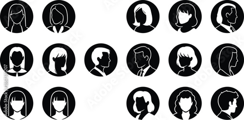 Collection of diverse circular profile icons featuring human head and shoulder silhouettes with unique hairstyles representing identity and avatars