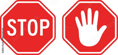 Universal red stop signs one with 'STOP' text, the other showing an open white palm hand