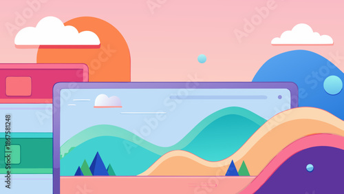 Modern house vector illustration on a tropical beach landscape with an abstract cloud sky and summer ocean waves