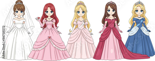 Princess characters, animated girls, royal gowns, tiaras, fantasy fashion, wedding dress, pink gown, blue gown, elegant style, fairytale theme, magical look, bridal princess
