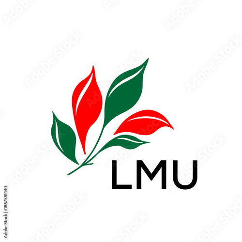 Modern Nature Inspired Logo with Red and Green Leaves, LMU Later Logo, Abstract Botanical Logo with Elegant Typography ,

