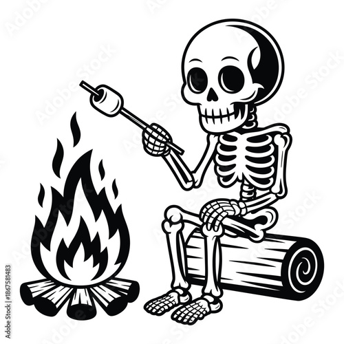 Cartoon skeleton sitting by bonfire toasting marshmallow on stick around campfire vector illustration with camping holiday scene on a log