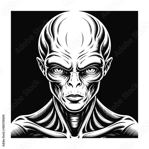 Alien head in black and white color with large eyes sinister expression sci-fi artwork representing extraterrestrial humanoid concept art