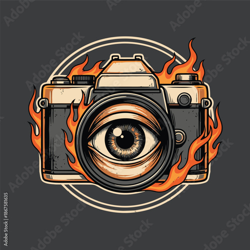 Vintage Camera with Eye Lens and Flames.