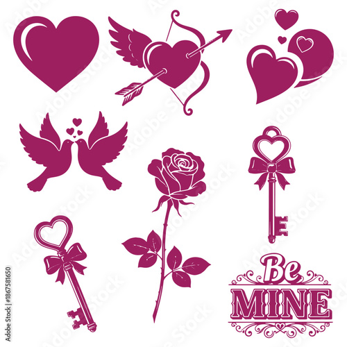 Valentines Day Silhouette Collection with Hearts Keys Doves and Roses Isolated on Transparent Background