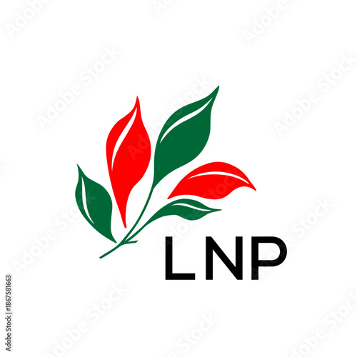 Modern Nature Inspired Logo with Red and Green Leaves, LNP Later Logo, Abstract Botanical Logo with Elegant Typography ,
