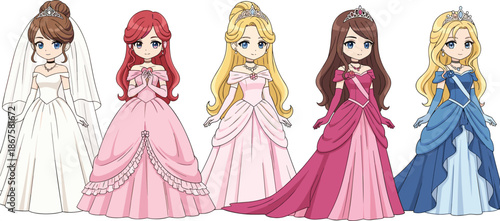 Princess lineup, animated brides, wedding gowns, tiaras, pink dresses, blue gown, character fashion, fantasy style, bridal theme, cartoon elegance, girly look, 