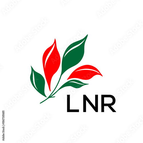 Modern Nature Inspired Logo with Red and Green Leaves, LNR Later Logo, Abstract Botanical Logo with Elegant Typography ,
