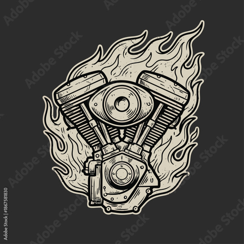 Vintage Motorcycle Engine on Fire Illustration.