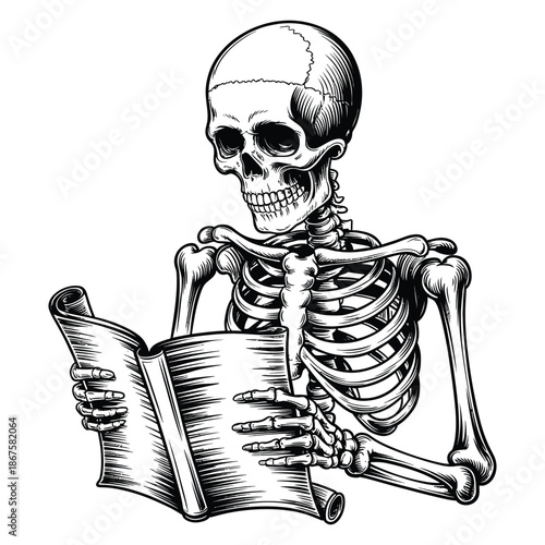 Creepy skeleton reading book evokes feelings of mystery, knowledge, and darkness with its macabre scholarly figure
