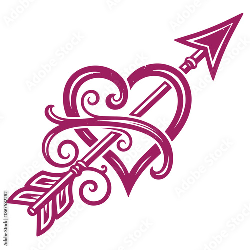 Vintage Heart and Arrow Illustration with Swirls and Curves Love Symbol Design