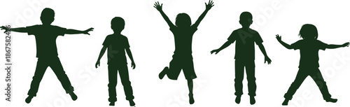 Playful children silhouette vector set, joyful poses in green for activity, motion, childhood, and group dynamics design themes