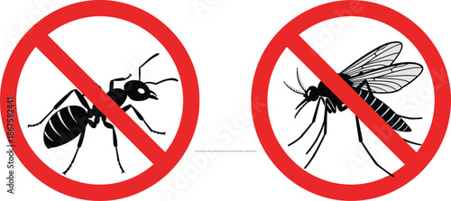 No ants and mosquitoes symbol vector, red prohibition signs for pest control, insect repellent, hygiene, and safety design themes