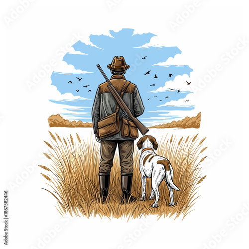 Hunter with a pointer dog standing in a field watching birds in the sky under a blue horizon