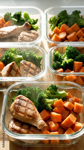 Preparing Healthy Meal Prep Containers With Chicken, Sweet Potatoes and Broccoli