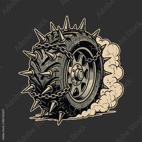 Spiked Tire with Chains and Smoke.