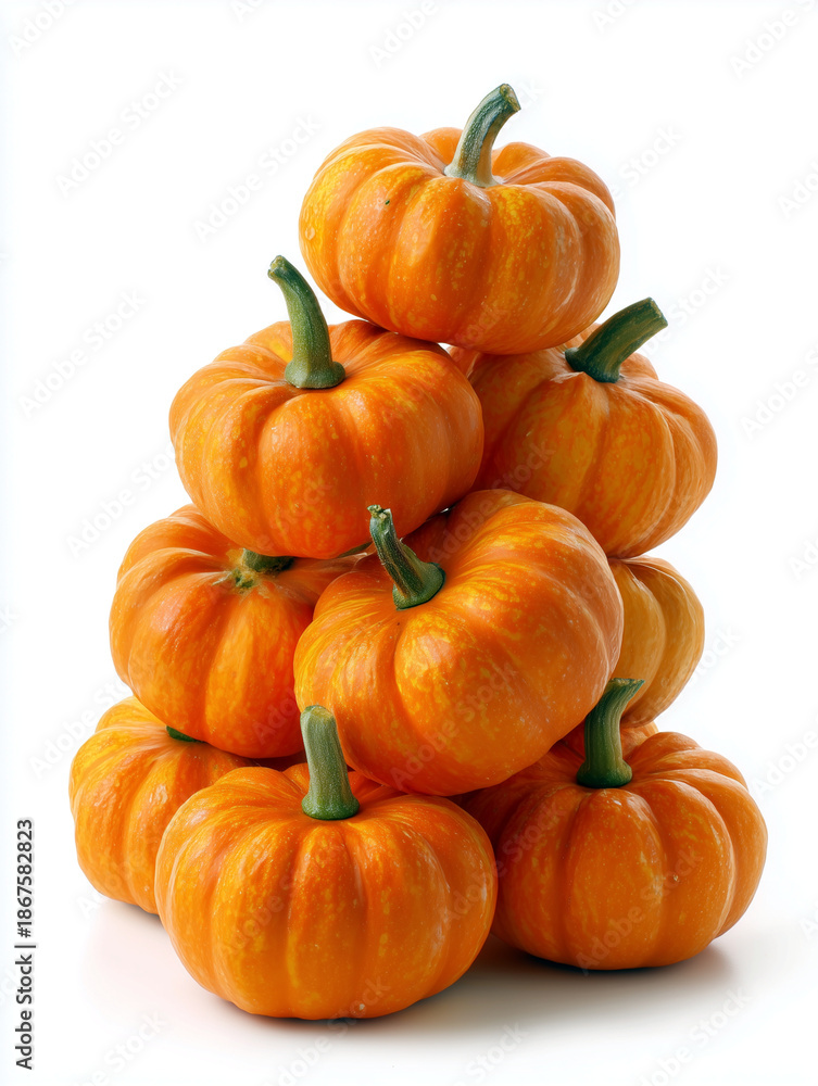 Obraz premium A stack of ripe orange round pumpkins on a white background as a symbol of autumn harvest season 