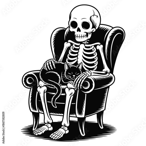 Relaxed skeleton sitting in armchair petting black cat in cozy interior for spooky domestic scene and halloween pet lover illustration design