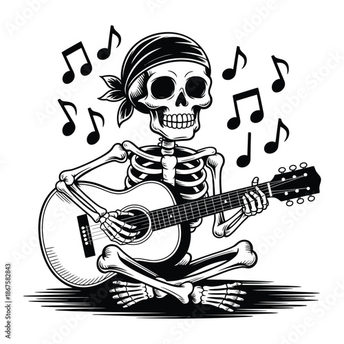 Skeleton playing guitar isolated on white background with music notes design musical art representing death and artistic creativity in black
