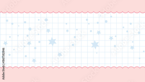 A pastel pink background with a grid pattern and blue stars scattered across it featuring a wavy line at the top and bottom creating a whimsical and dreamy atmosphere