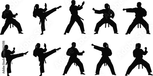 Martial arts silhouette vector set, karate fighters performing kicks and punches, combat sport action poses illustration