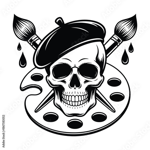 Skull wearing beret in art style with crossed paintbrushes and artists palette for creating paintings and graphic design in studio space
