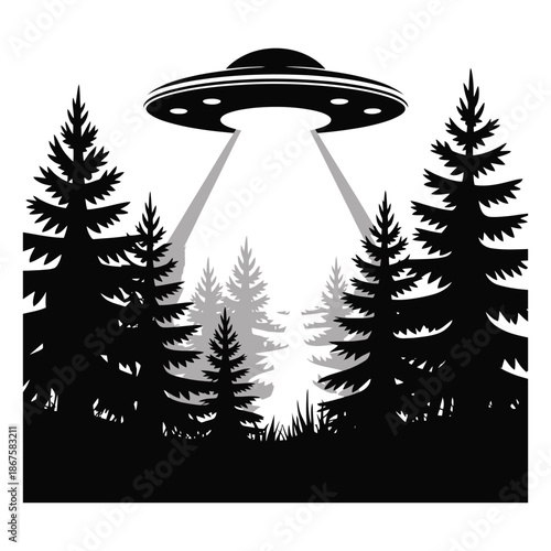 Ufo beams light down on dense forest landscape with tall trees and wild grass mystical phenomena occurring in isolated spooky place outdoors