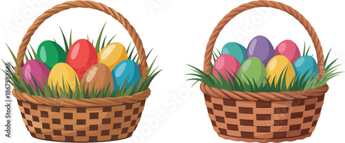 Colorful Easter eggs in woven baskets on green grass