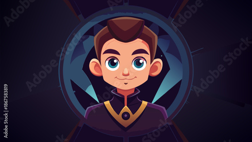 Vector illustration of a smiling retro cartoon witch with a broom and skull featuring the head of a business person