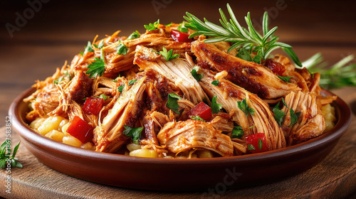 Shredded cooked chicken isolated on a plate