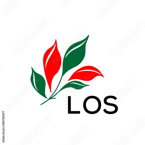 Modern Nature Inspired Logo with Red and Green Leaves, LOS Later Logo, Abstract Botanical Logo with Elegant Typography ,
