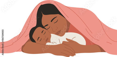 Loving mother embracing her baby under cozy pink blanket
