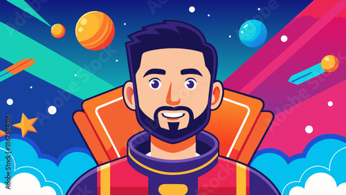 A retro vector illustration of a worker boy in a party hat holding a microphone while floating in space as a person in the air