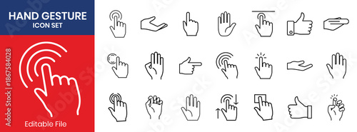 Hand Gesture Thin Line Icon Set Black Outline