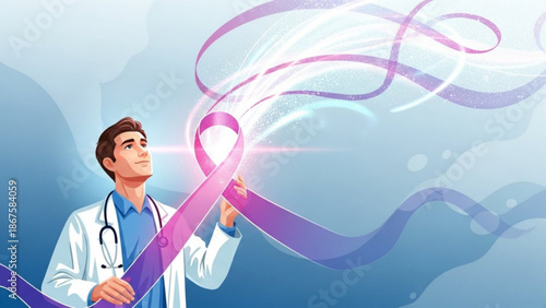 Male doctor in white coat holding large pink purple ribbon for cancer awareness with glowing light