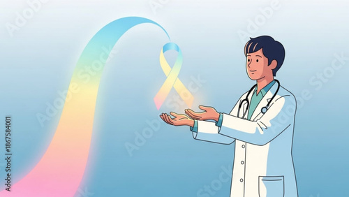 A doctor in a white lab coat holds out his hands with a rainbow colored awareness ribbon floating