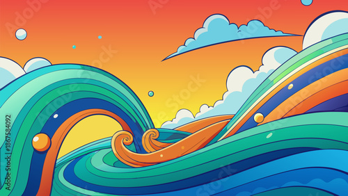 Vector illustration of a vibrant rainbow arching over abstract blue ocean waves under a sunny summer sky with clouds for a nature landscape travel banner design