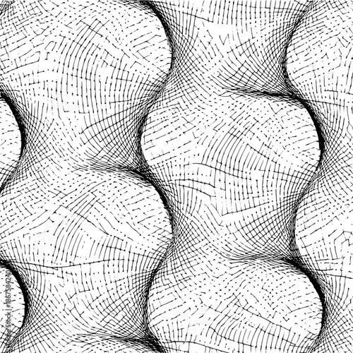 Abstract monochrome pattern featuring curved shapes with intricate line work and textured appearance overall