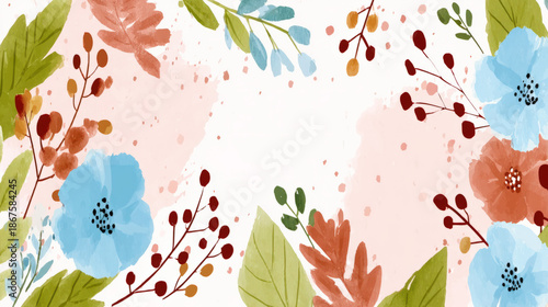 watercolor floral background with small flowers and branches business card, empty center for text