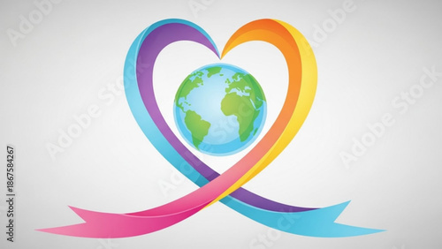 Vibrant rainbow heart encircles the earth symbolizing love and care for the planet