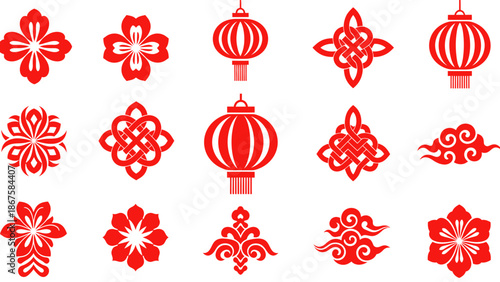 Collection of Traditional Chinese Lanterns and Floral Symbols