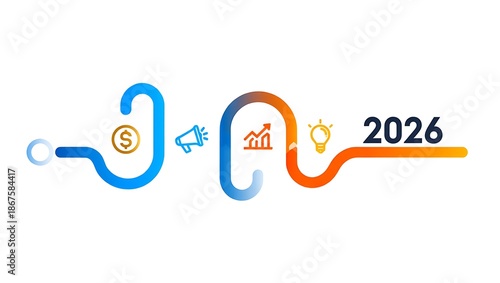 Timeline process leading to year 2026 with business icons