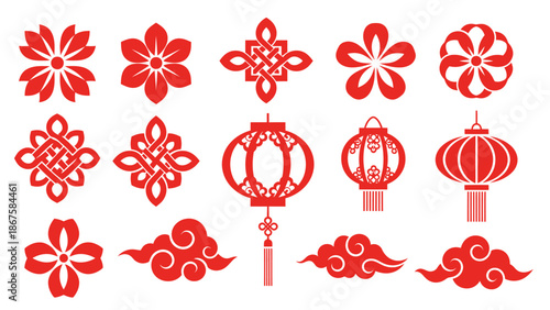 Traditional Chinese New Year Decorations with Flowers Lanterns and Clouds