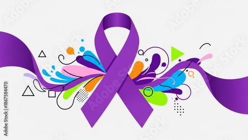 Vibrant purple awareness ribbon with colorful abstract shapes and swirling lines on white background