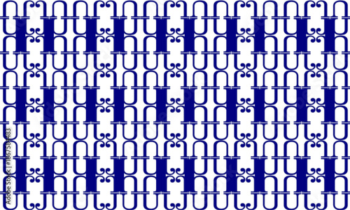 Elegant blue round capsule block seamless pattern featuring ornate scrollwork designs on white. Ideal for luxury backgrounds, textile prints, and decorative tiling