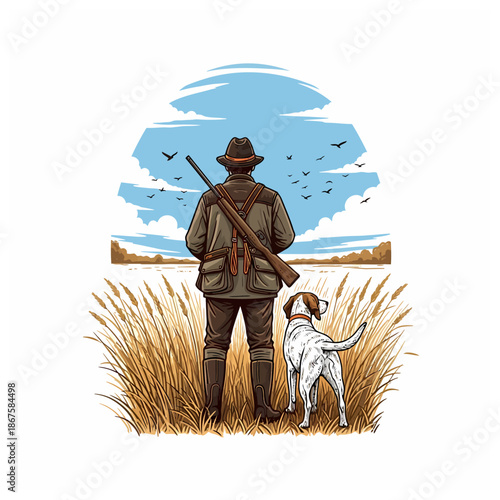 Hunter with a pointer dog standing in a field watching birds in the sky under a blue horizon