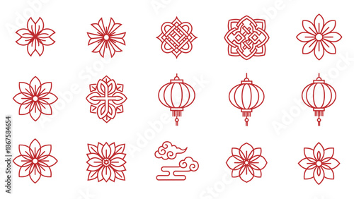 Set of Chinese Lanterns and Flower Symbols