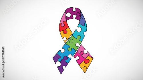 Colorful puzzle piece awareness ribbon on white background for autism support and social cause
