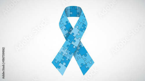 Blue puzzle piece awareness ribbon symbolizing unity and support for a cause on white background