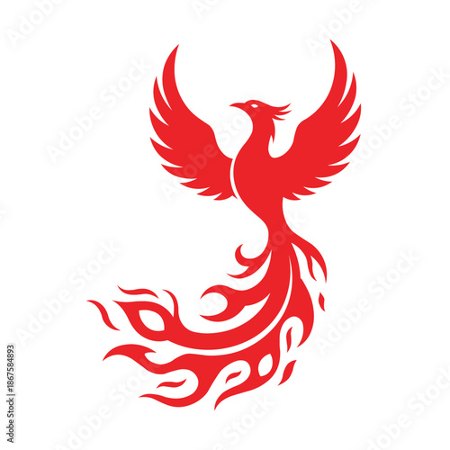 "Red phoenix bird rising PNG transparent background vector silhouette mythical firebird rebirth symbol flaming wings fantasy creature graphic design element for digital stock vector PNG"